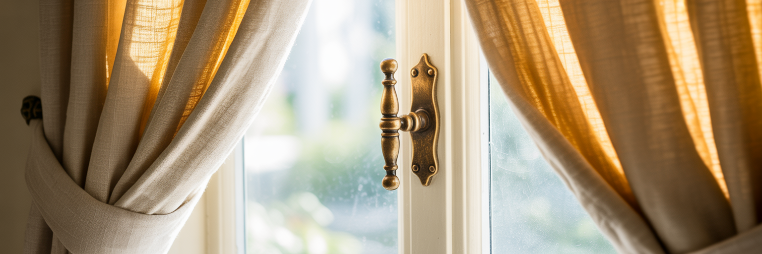 Brass cabinet pull used as curtain tie-back