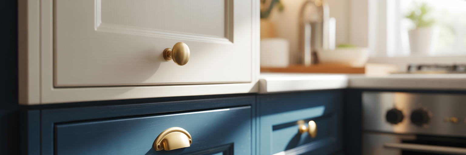 Brass knob on white cabinet and pull on blue drawer.