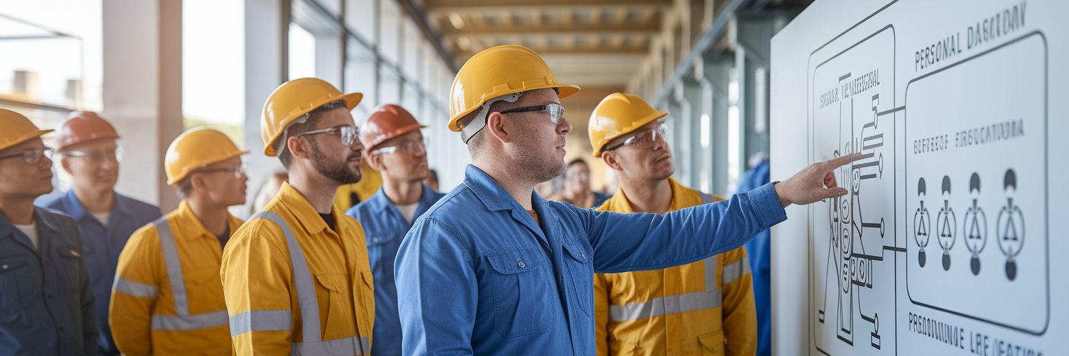 Brazilian workers discussing workplace safety regulations.