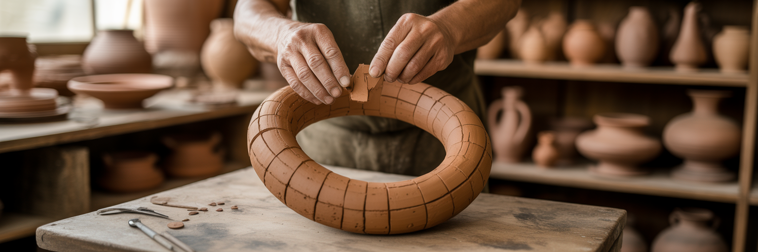 Broken pottery being carefully reassembled