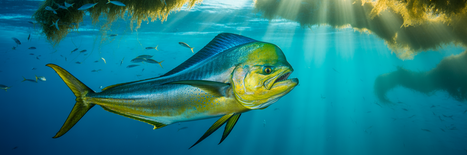 Bull mahi-mahi near a sargassum weed line