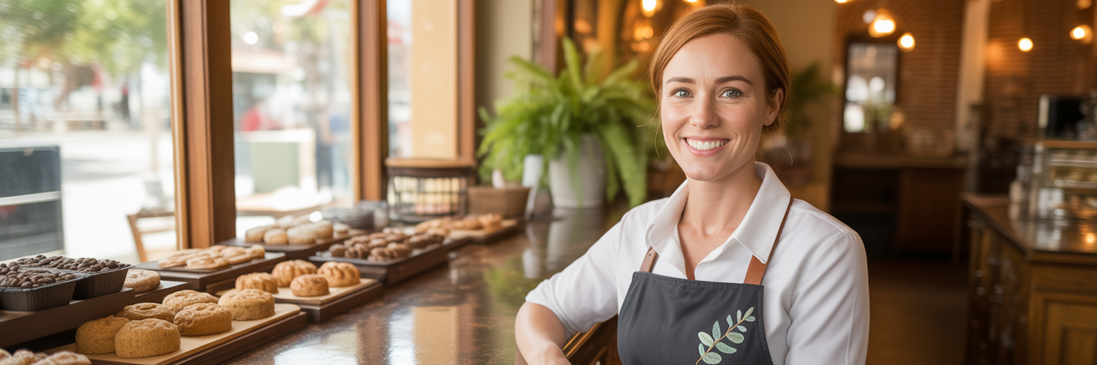 Business owner in cafe with organised products.