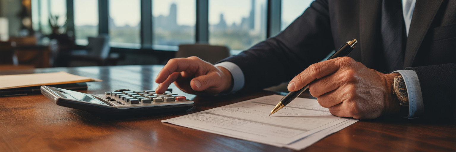 Business owner planning finances at desk.
