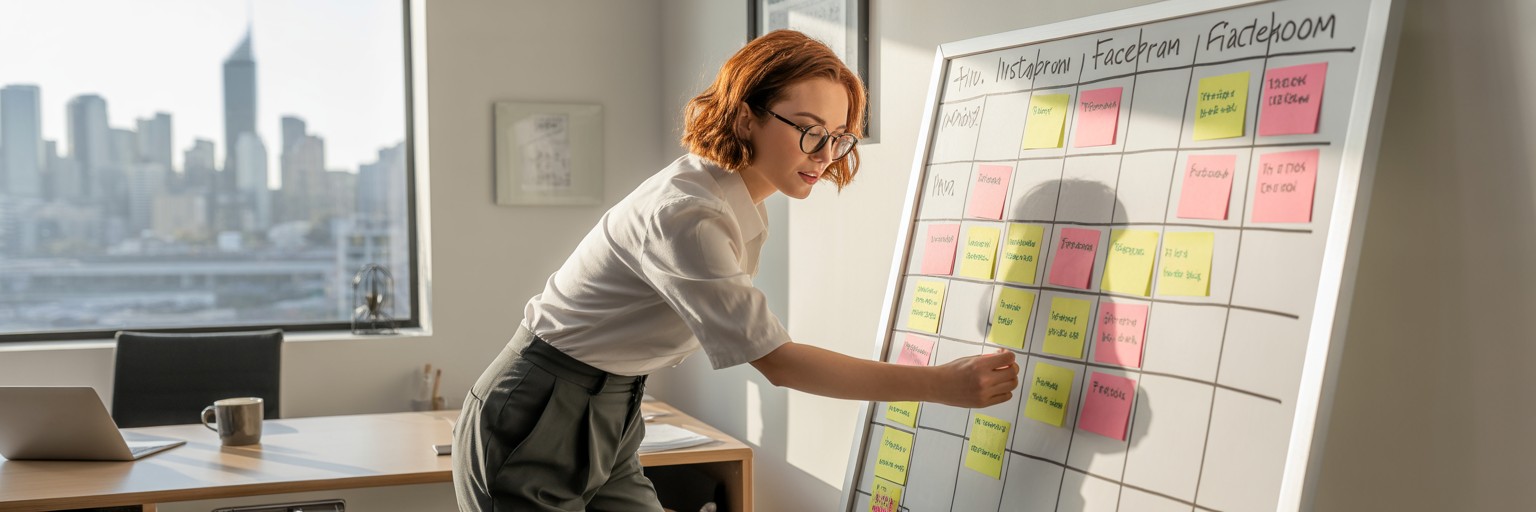 Business owner planning social media content calendar.
