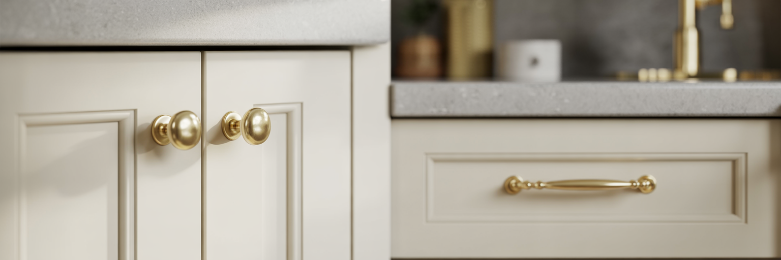 Cabinet with brass knob versus drawer with brass pull.