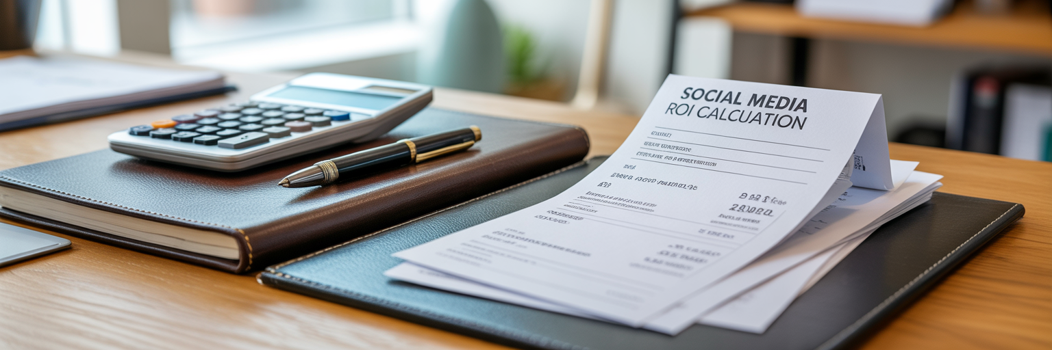 Calculating social media campaign ROI on a desk.