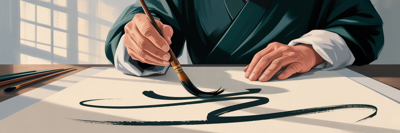 Calligrapher making bold strokes with brush.