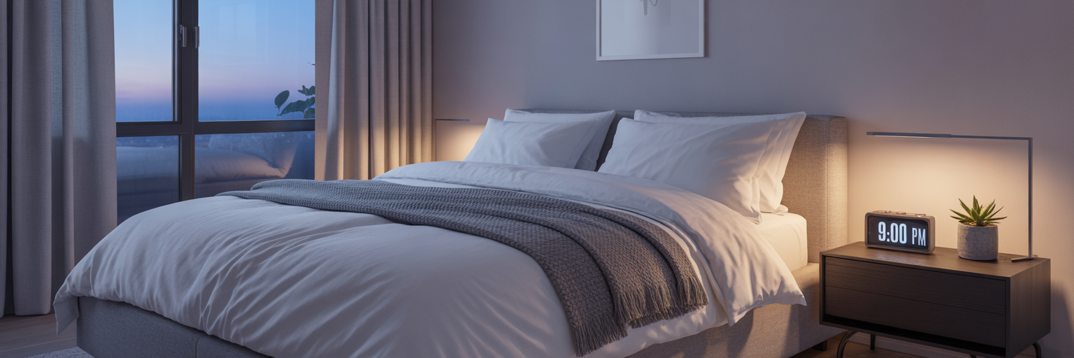 Calm bedroom prepared for quality sleep.
