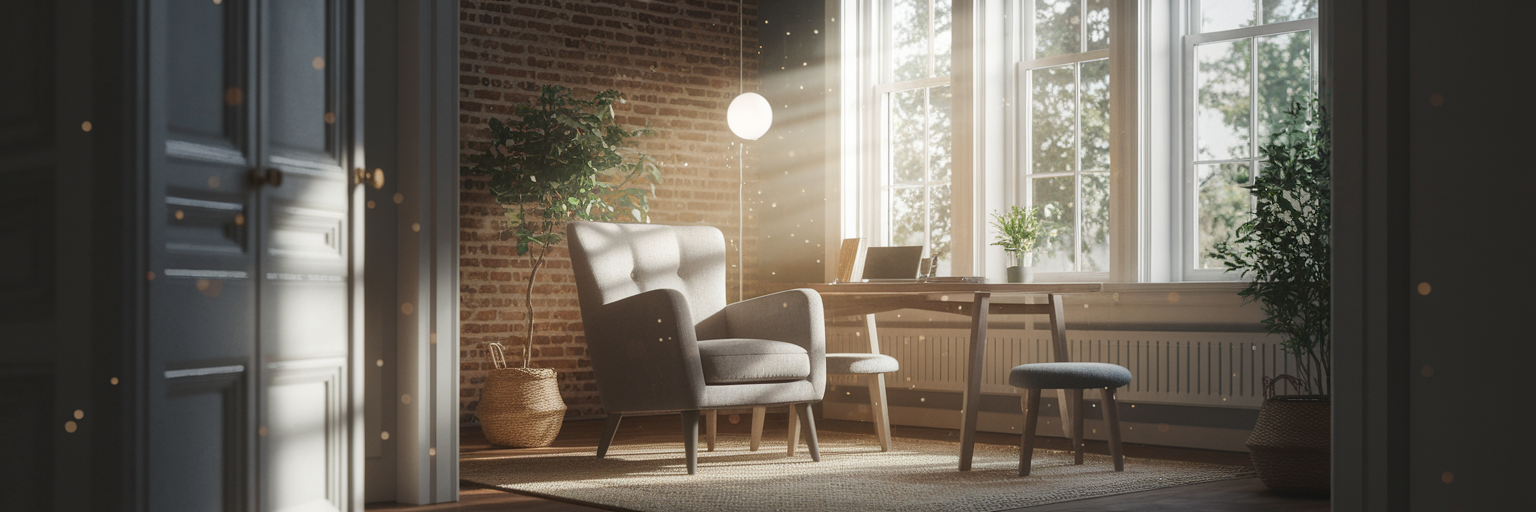 Calm home office for virtual therapy.