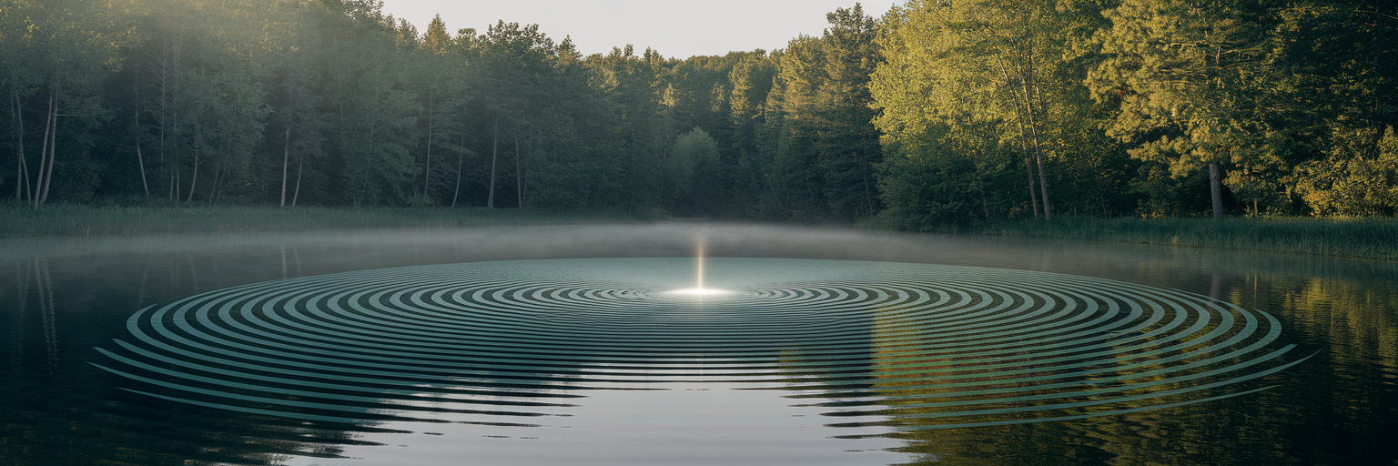 Calm lake with glowing concentric ripples