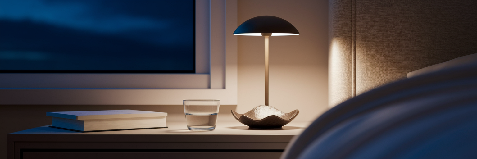 Calm nightstand with water and book