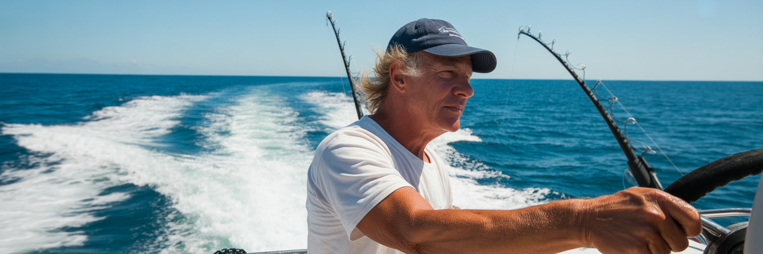Captain maneuvering sportfishing boat offshore