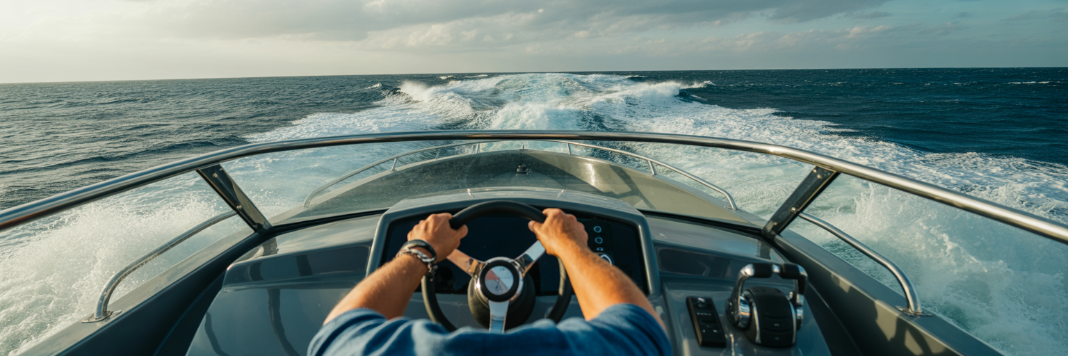 Captain navigating boat in rough seas