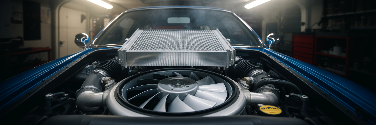 Car engine bay with radiator fan.
