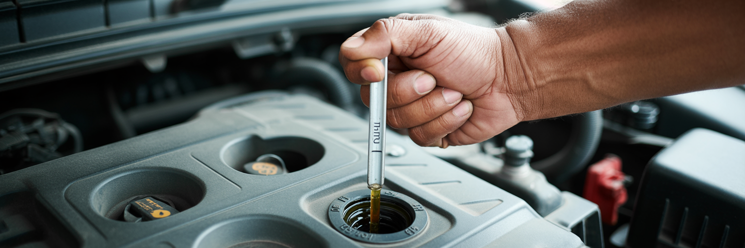 Car engine dipstick showing correct oil level.