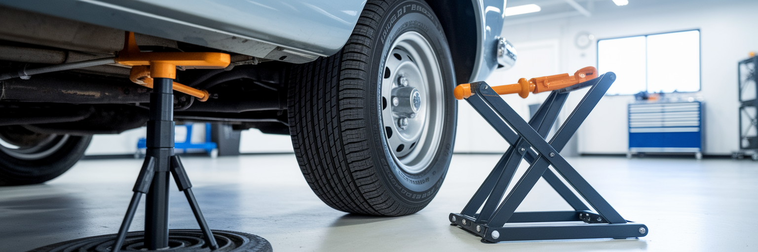 Car jack and stand positioned safely.