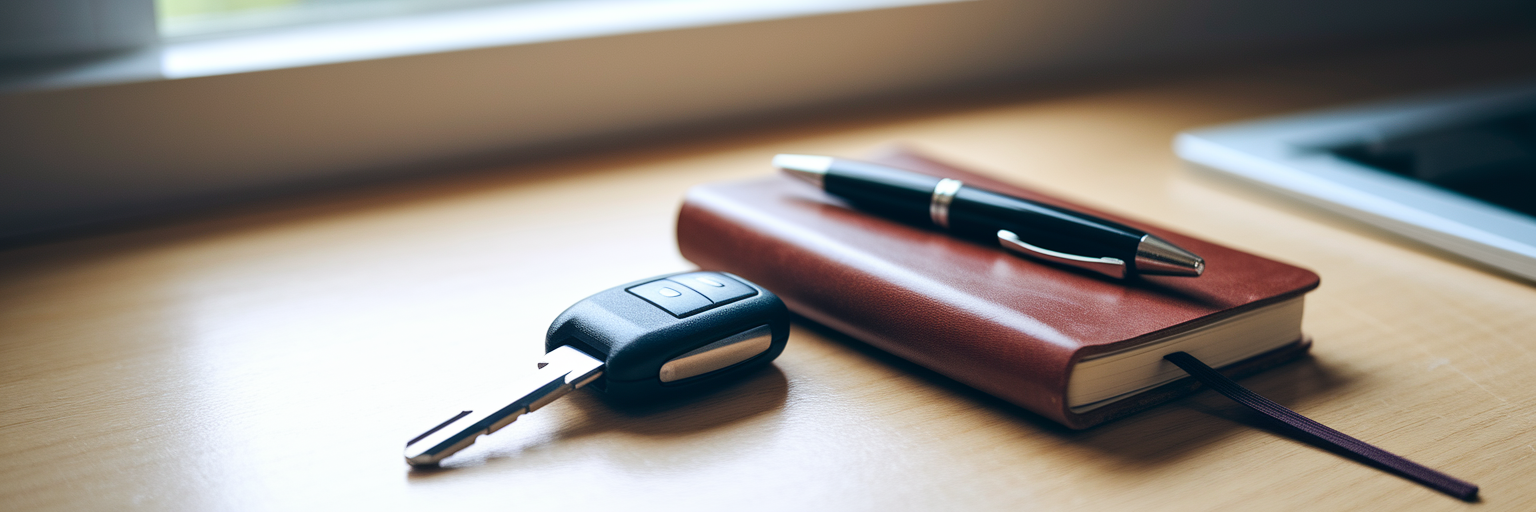 Car keys and notebook for budgeting.