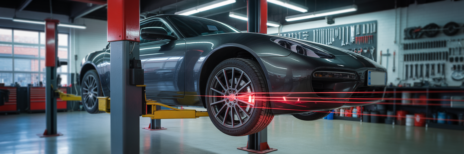Car on a lift during a laser wheel alignment procedure.