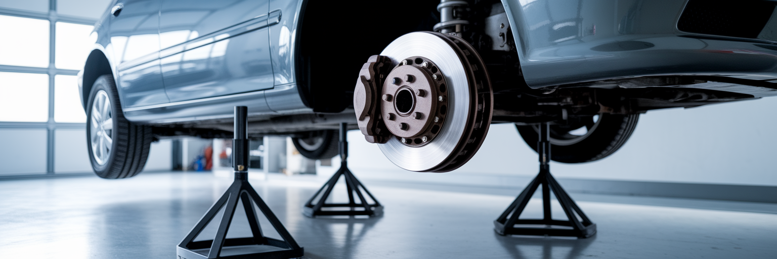 Car on jack stands for brake replacement.