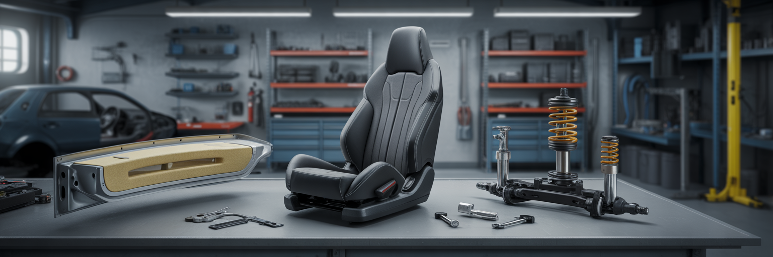 Car seat and suspension parts in workshop.