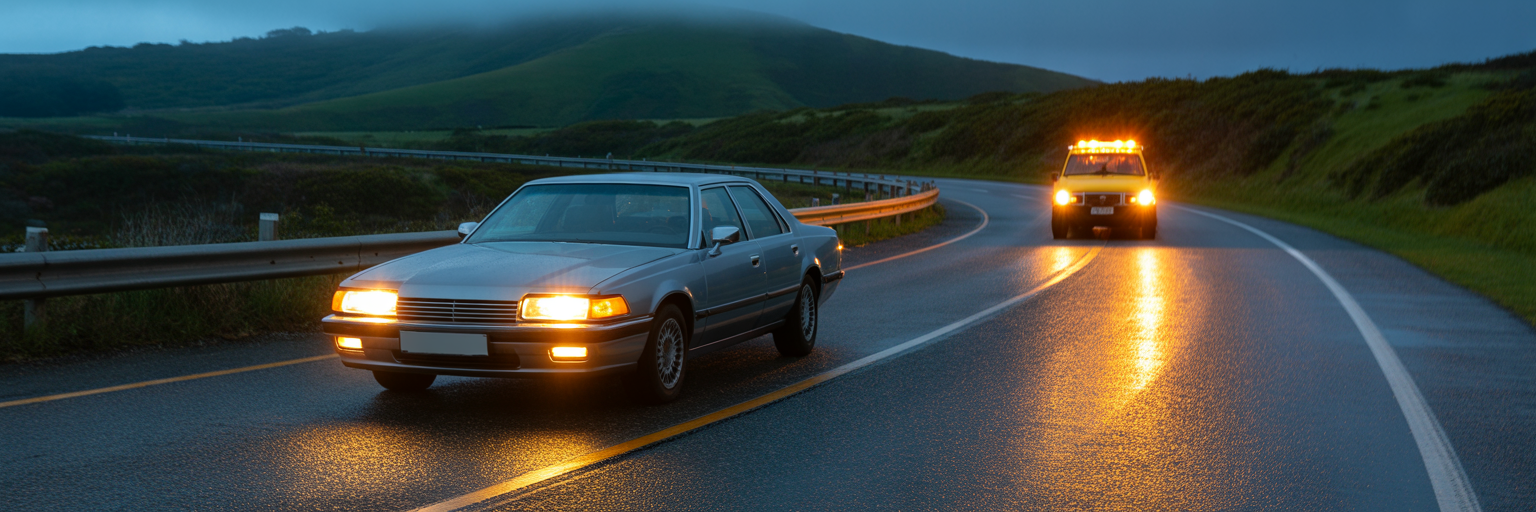 Car with hazard lights on waiting for tow truck