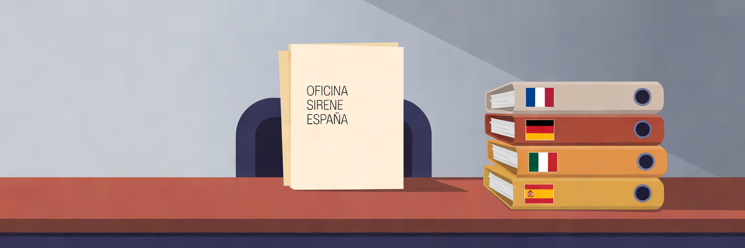Carpetas de autoridades europeas del SIS en un escritorio.