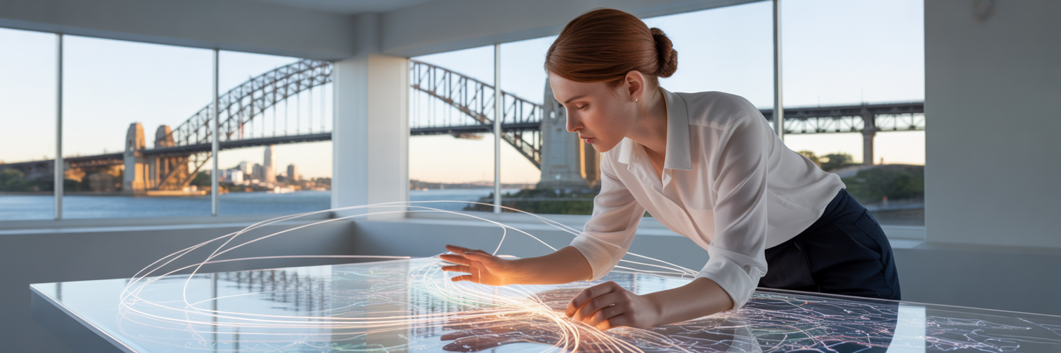 Cartographer charting paths on holographic map.