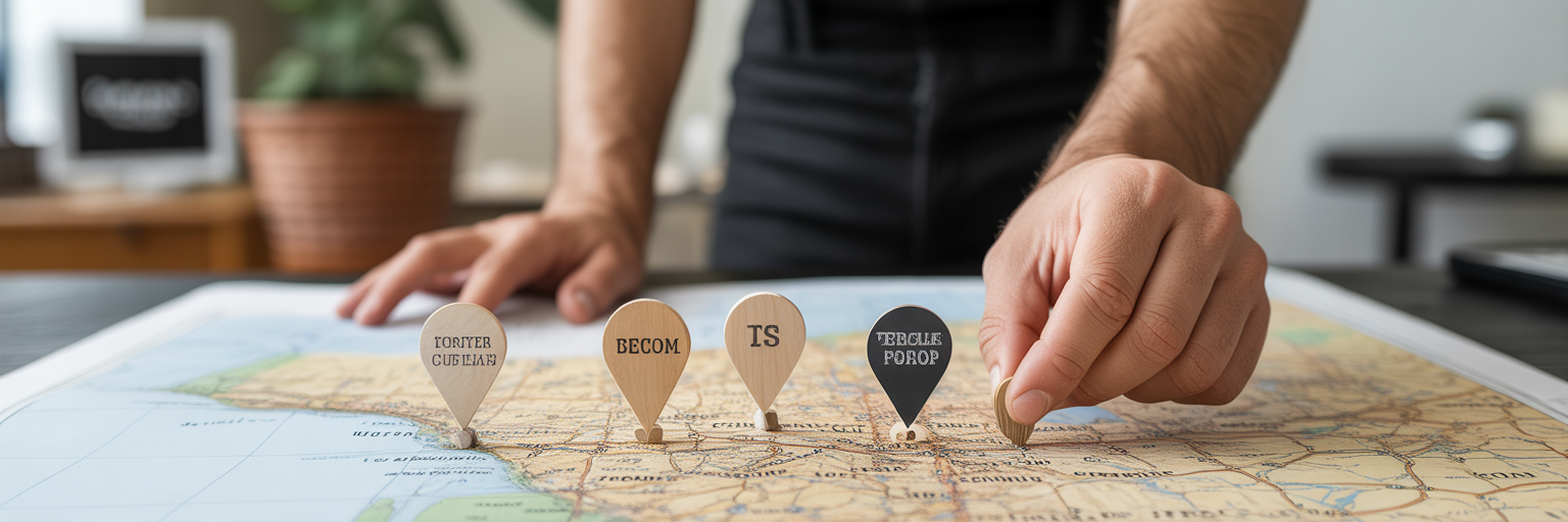Cartographer placing pins on a city map.