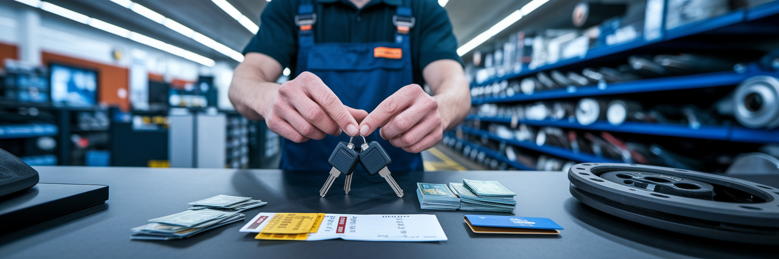 Cash and keys on automotive counter.