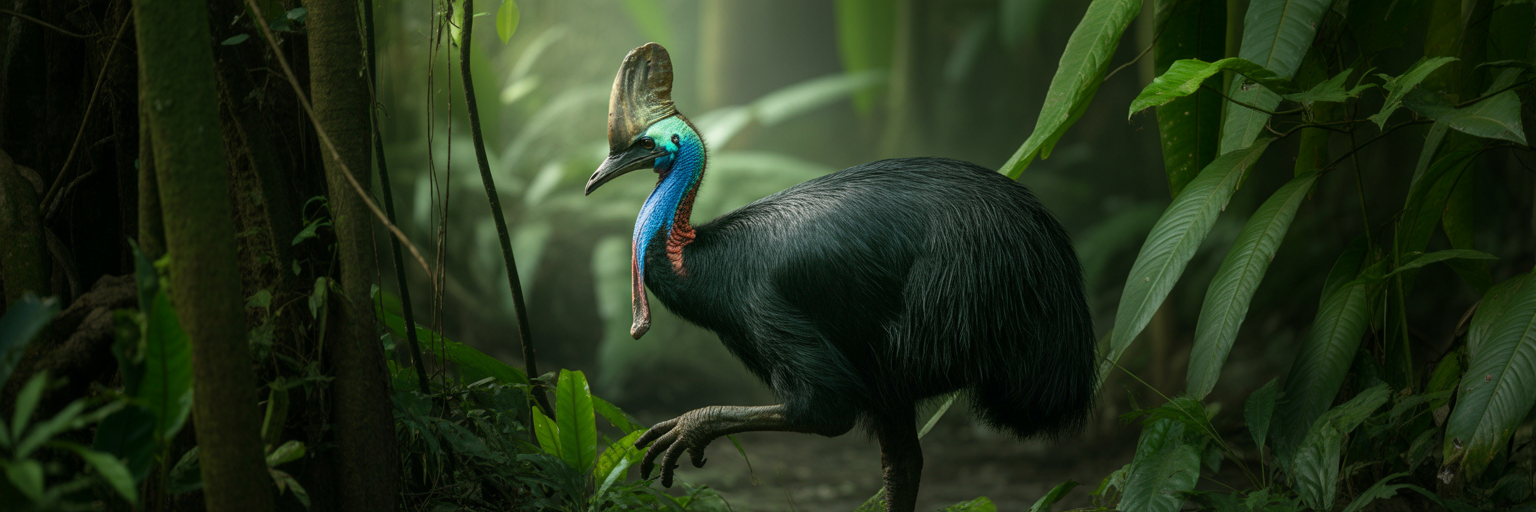 Cassowary with large claw in rainforest.