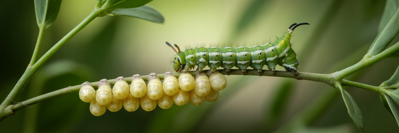 Caterpillar guarding parasitic wasp cocoons