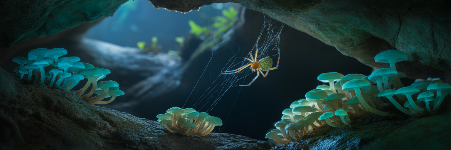 Cave ecosystem with fungi and spiders