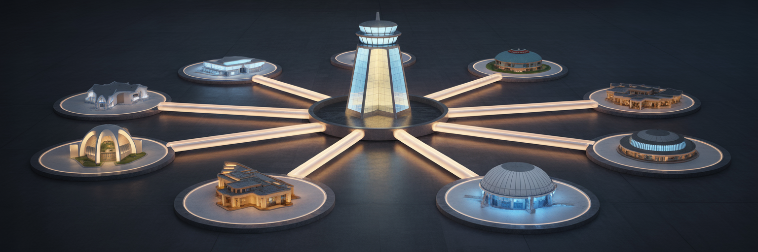 Central hub connected to local structures.