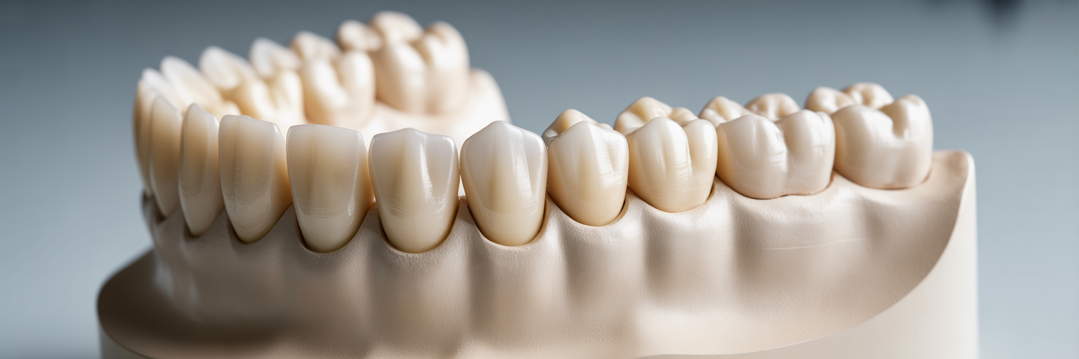 Ceramic dental bridge on model.