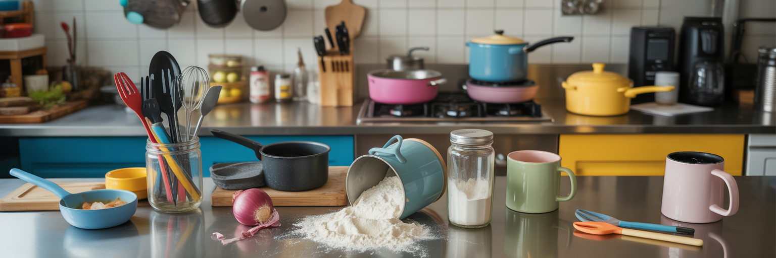 Chaotic and cluttered kitchen workspace.