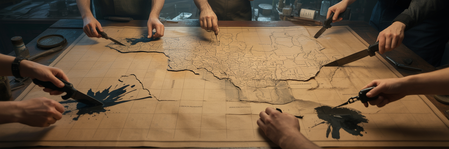 Chaotic hands manipulating a map of the Middle East.