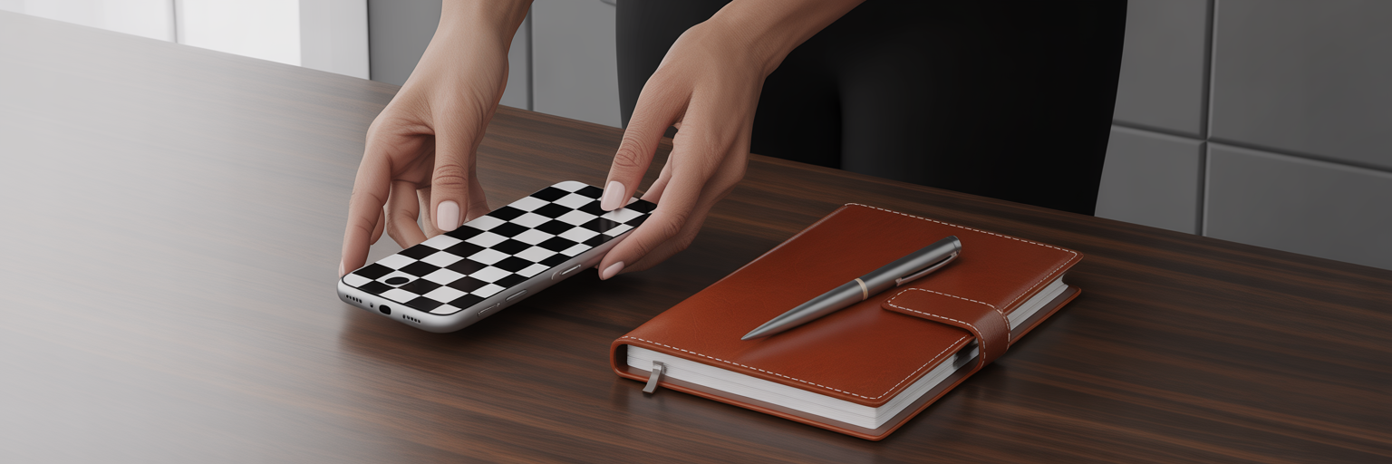 Checkered iPhone case on a professional office desk