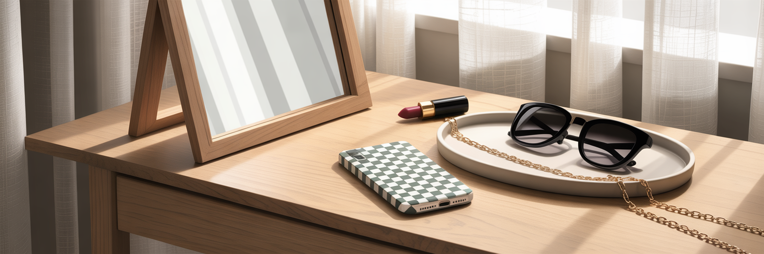 Checkered iPhone case on a stylish vanity.