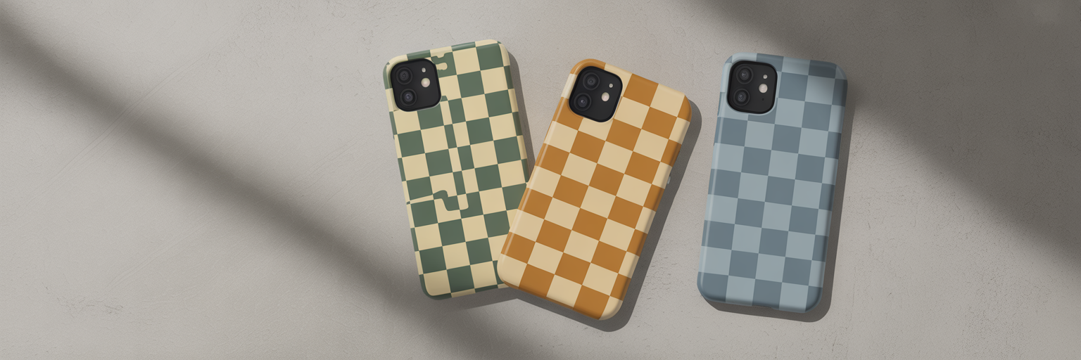 Checkered iPhone cases in modern palettes.