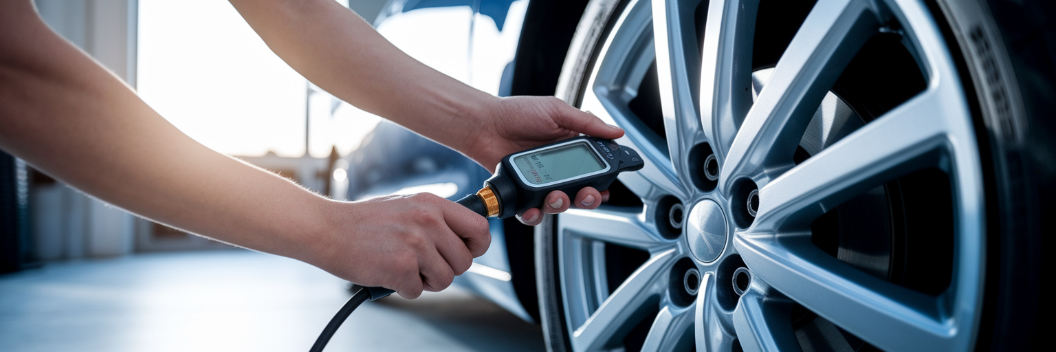 Checking car tire pressure with a gauge.