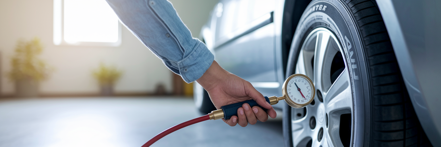 Checking car tire pressure with gauge.