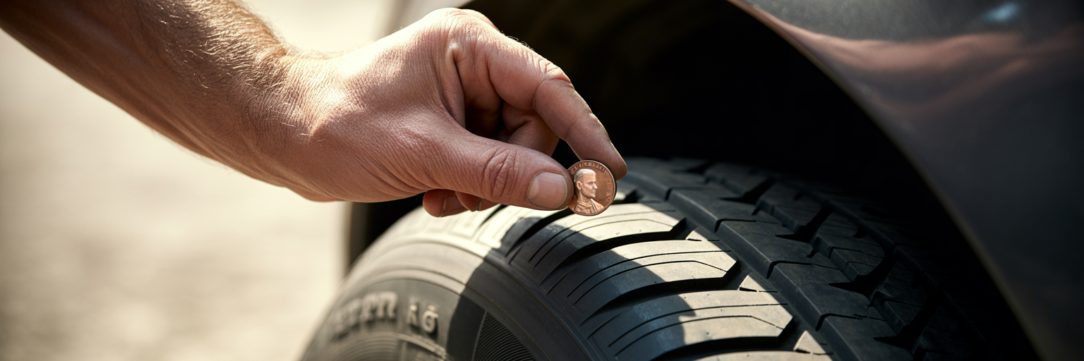 Checking tire tread with penny test.