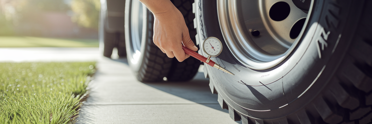 Checking truck tire pressure with gauge.