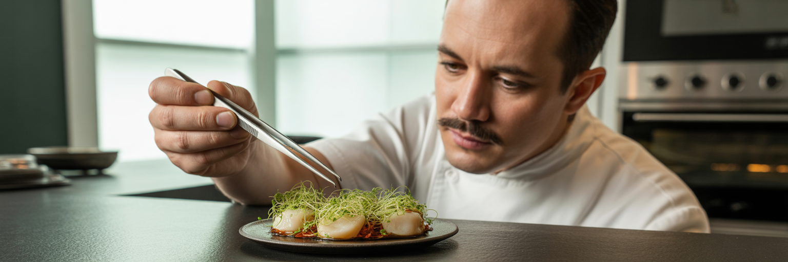 Chef carefully layering ingredients in a dish.