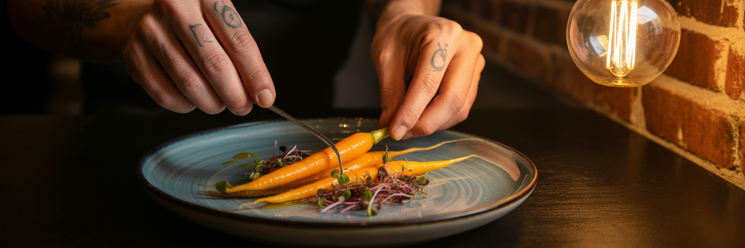 Chef carefully plating a minimalist gourmet dish.