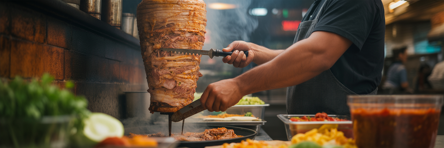 Chef carving adobada pork for tacos