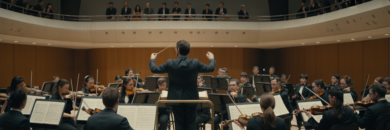 Chef d'orchestre guidant une performance musicale complexe.