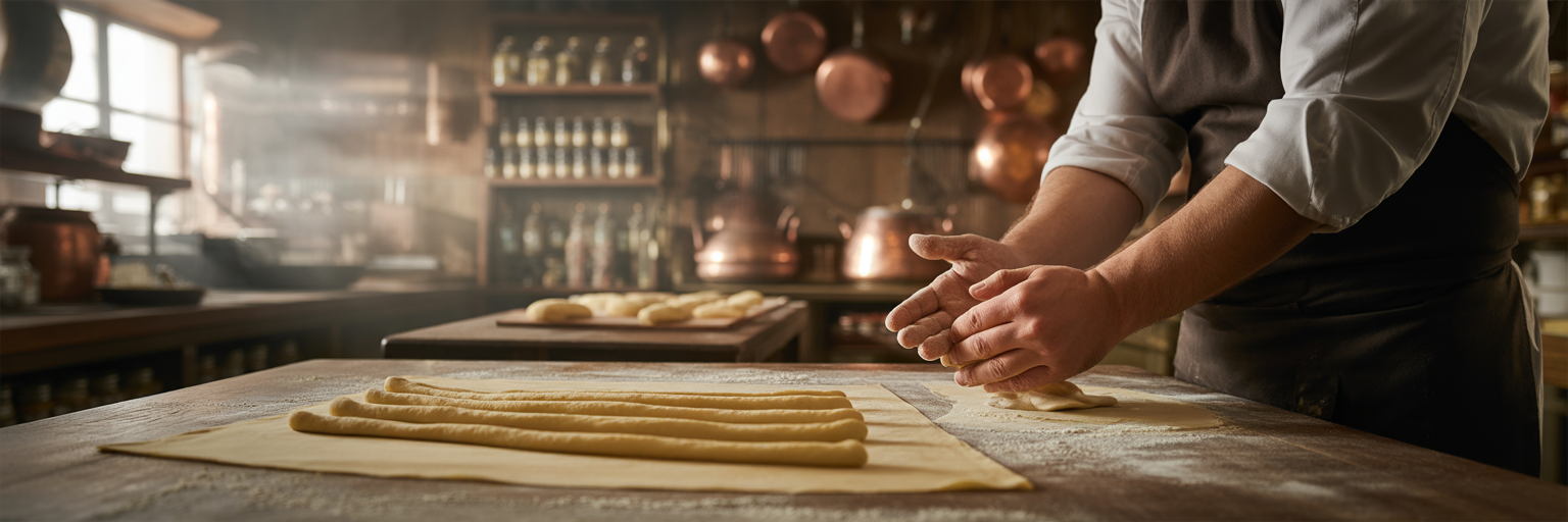 Chef making handmade pasta in a kitchen