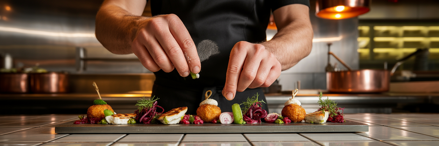 Chef plating dishes for content creation.