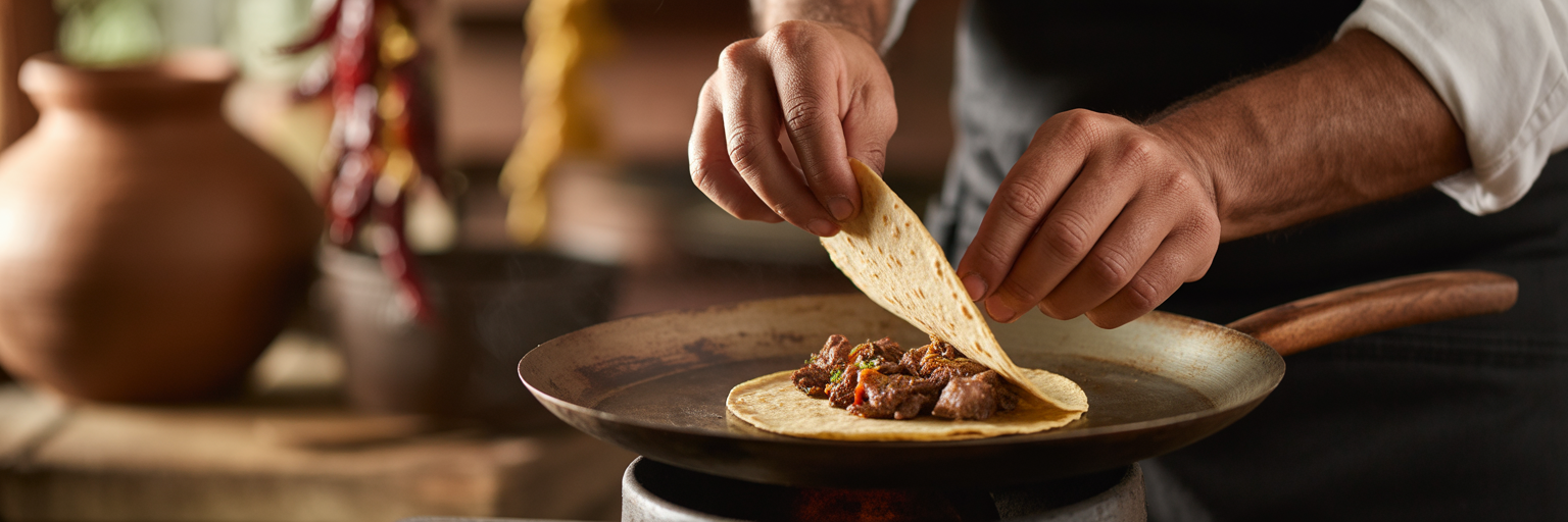 Chef preparing authentic tacos on comal.
